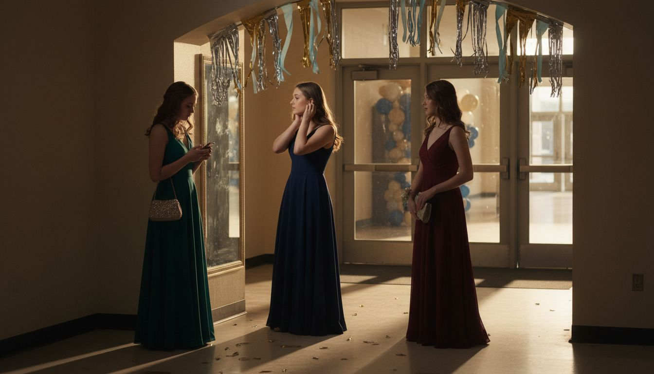 Young women in A-line dresses at prom entry