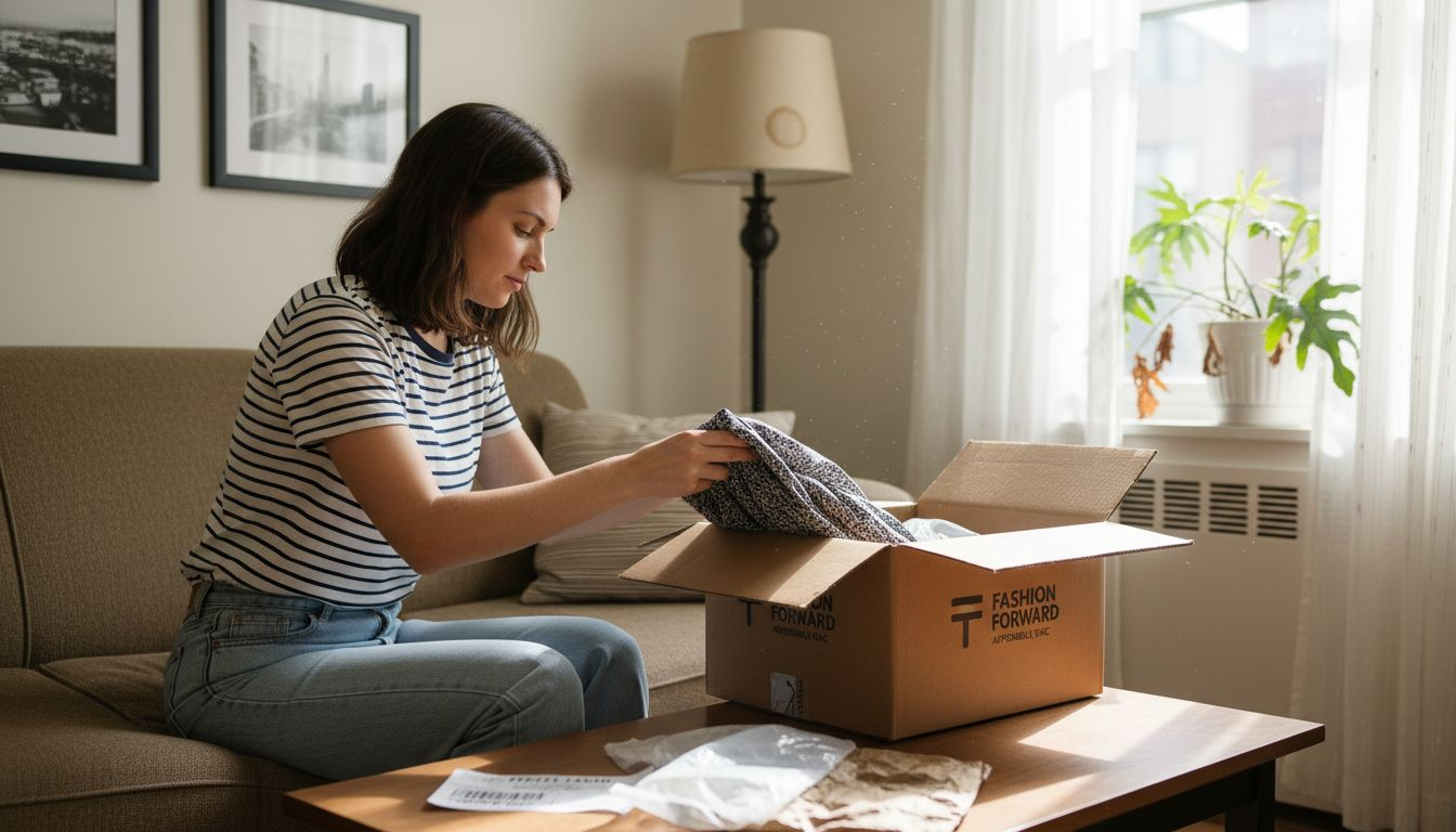 Woman unboxing affordable dress at home