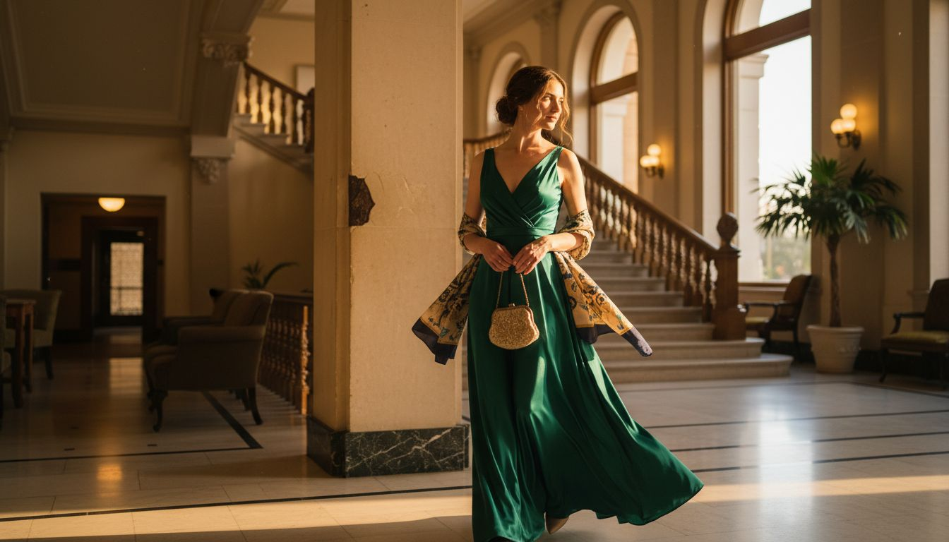 Woman in emerald dress in historic hotel