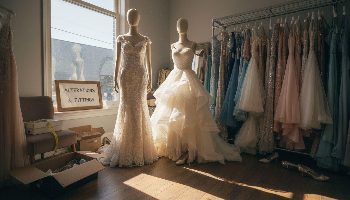 Mannequins display fitted and ball gown dresses