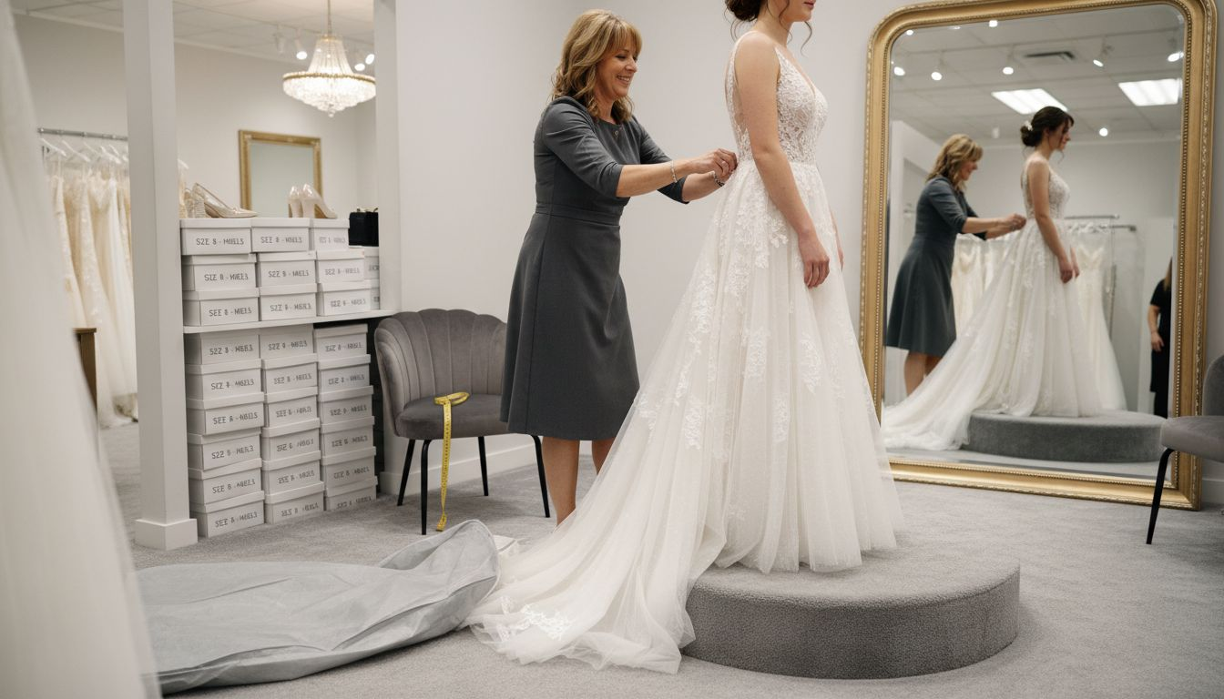 Bride being fitted in A-line dress by consultant