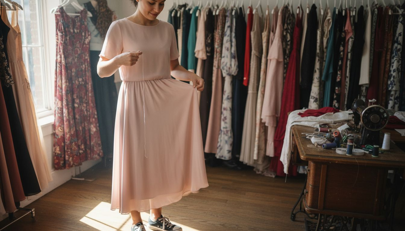 Woman checking chiffon dress fabric quality