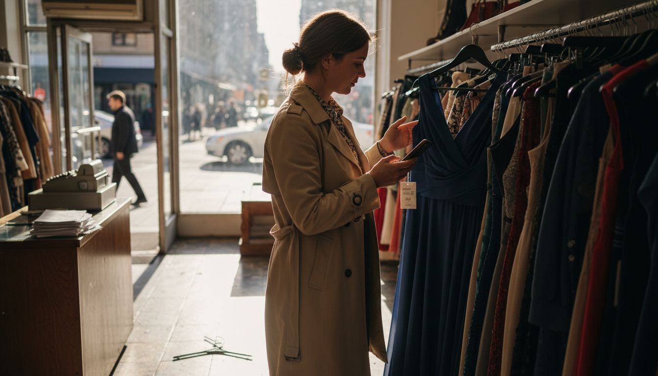 Woman browsing affordable formal dresses in boutique