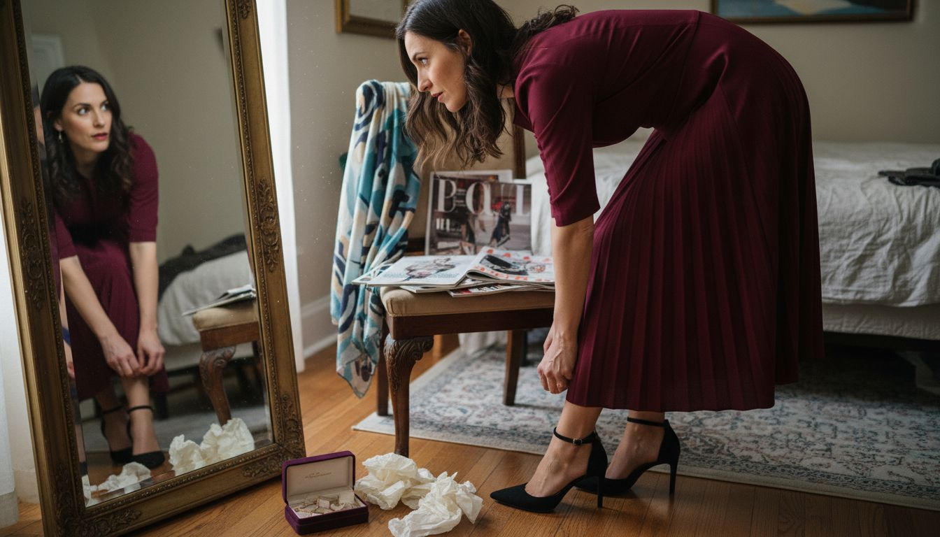 Woman adjusting shoe in A-line formal dress