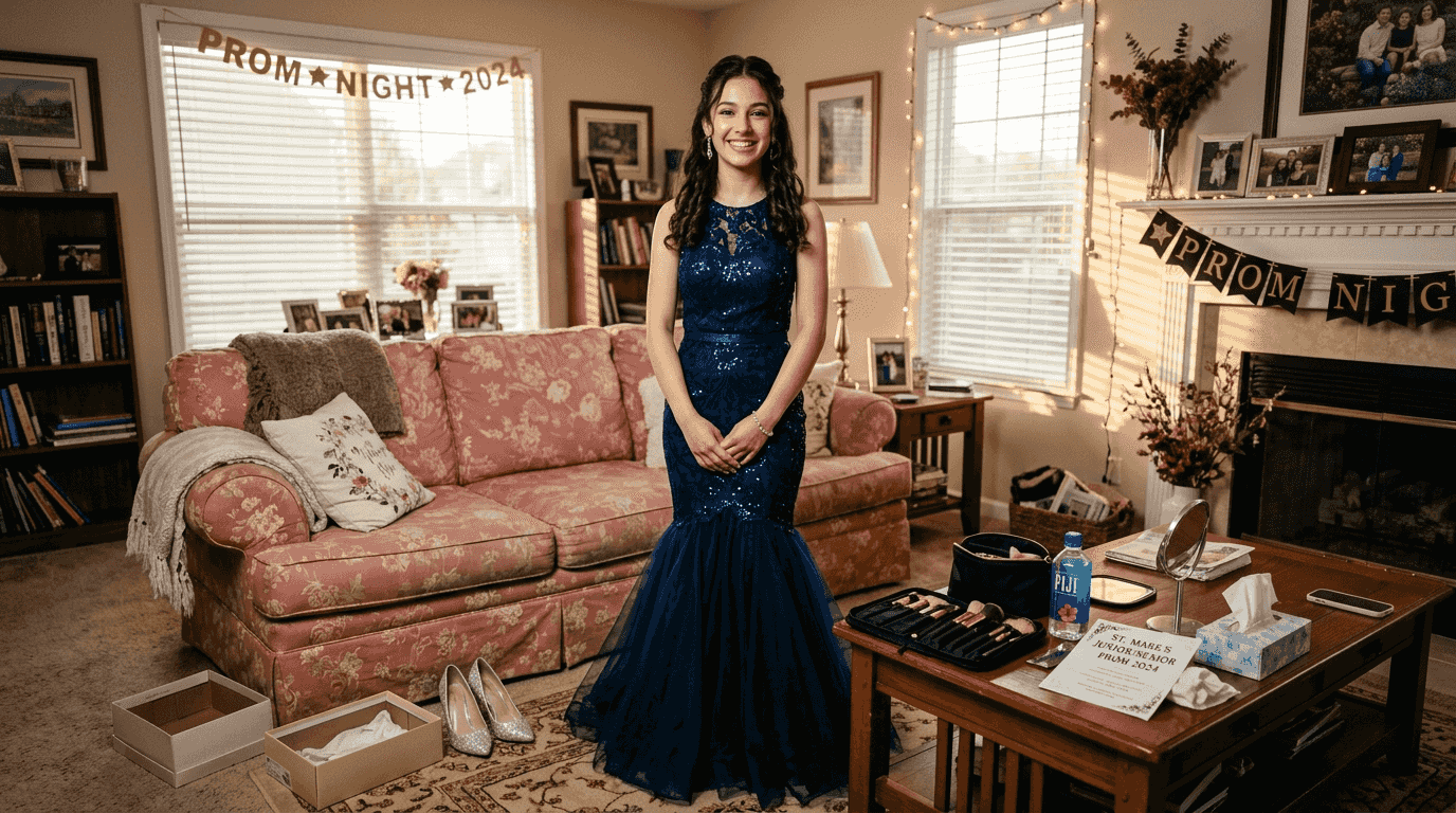 Teen girl in mermaid prom dress at home
