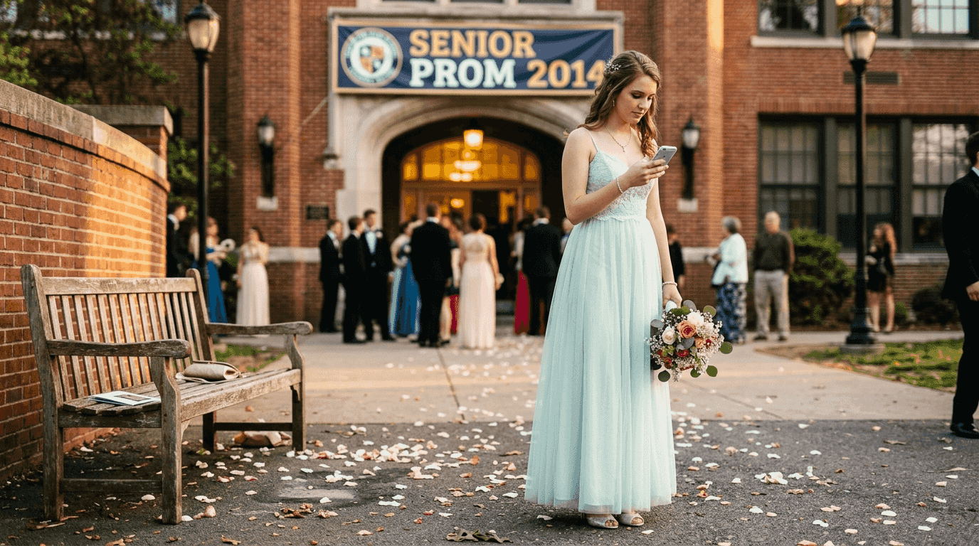 Girl in pastel mint prom dress outdoors