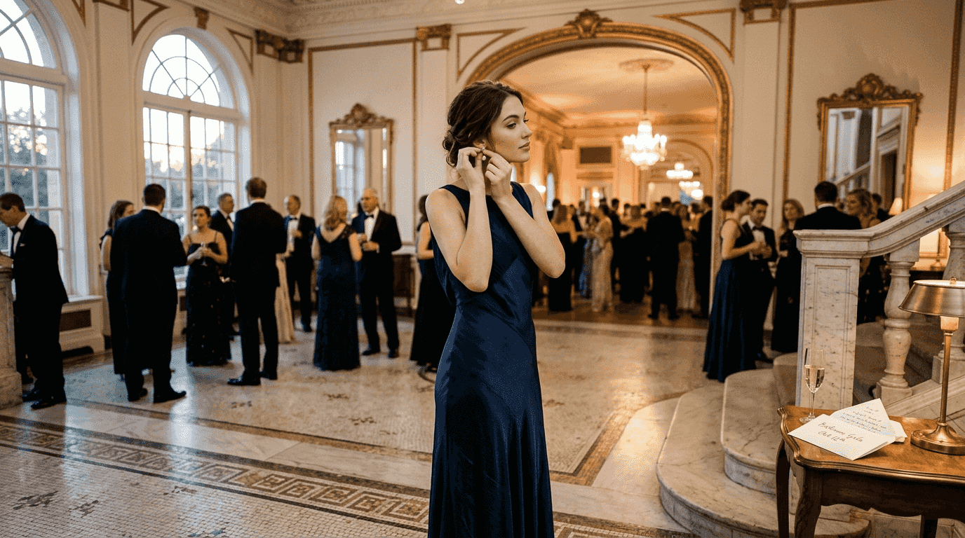 Woman in navy gown at gala ballroom
