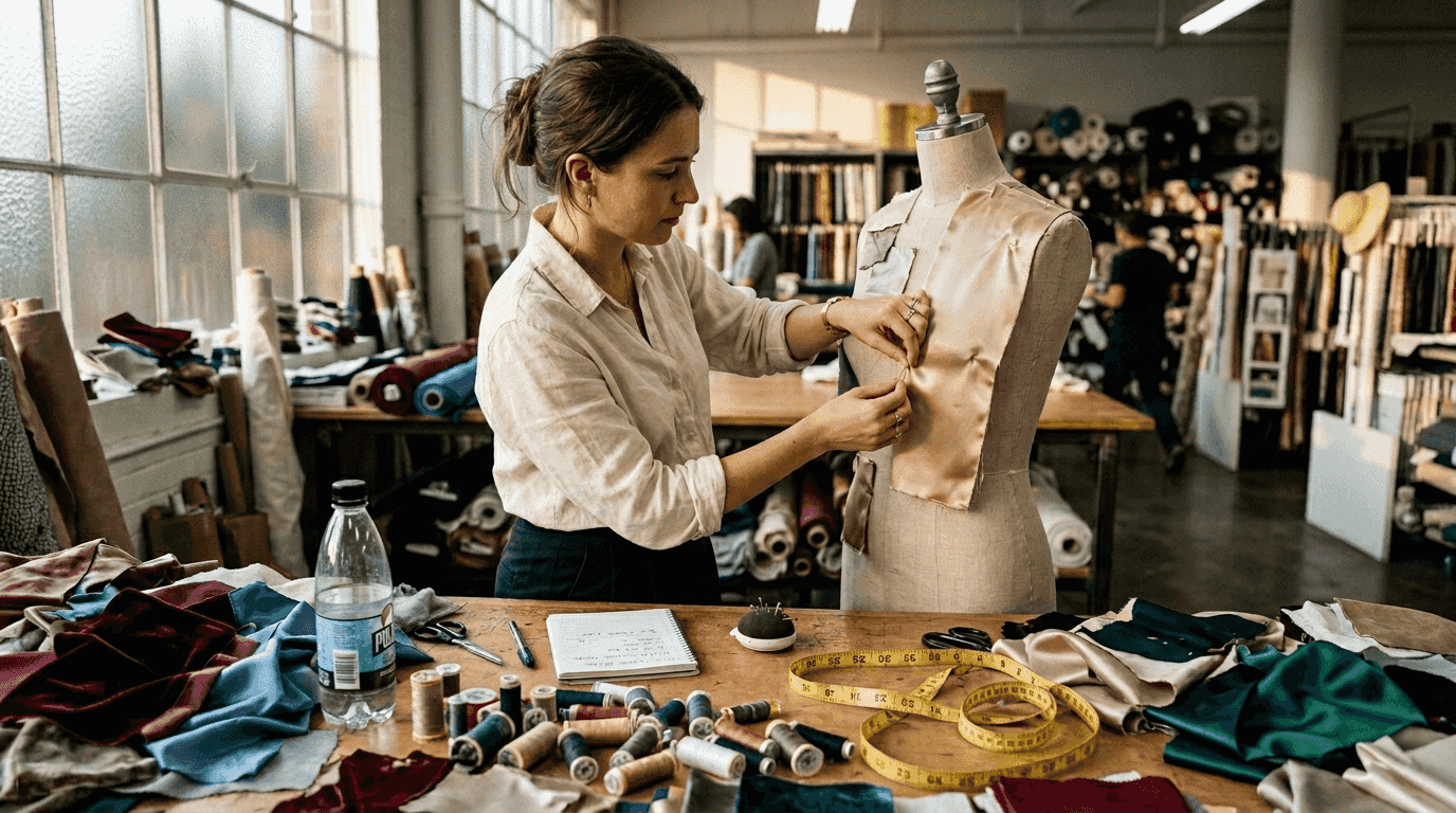 Stylist checking gala dress fabrics and textures