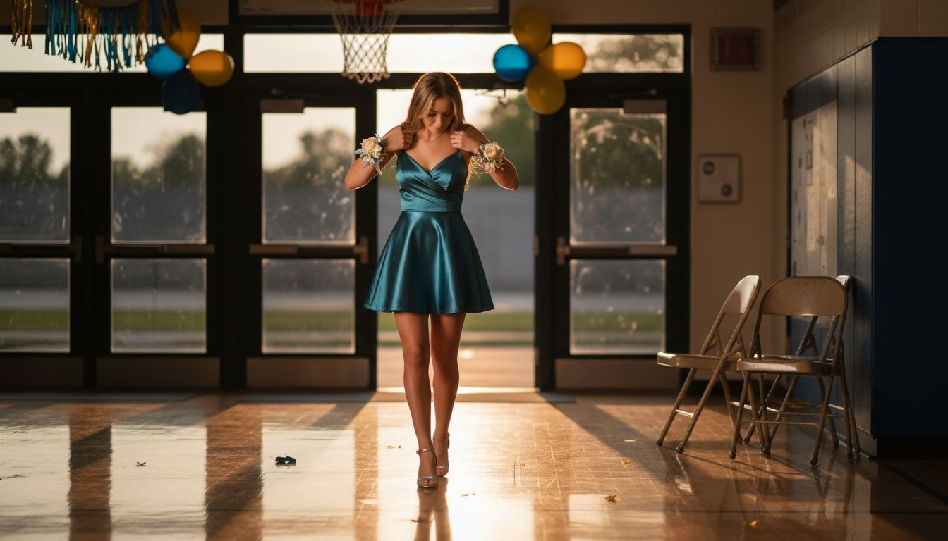 Teen girl in homecoming dress at gym entrance