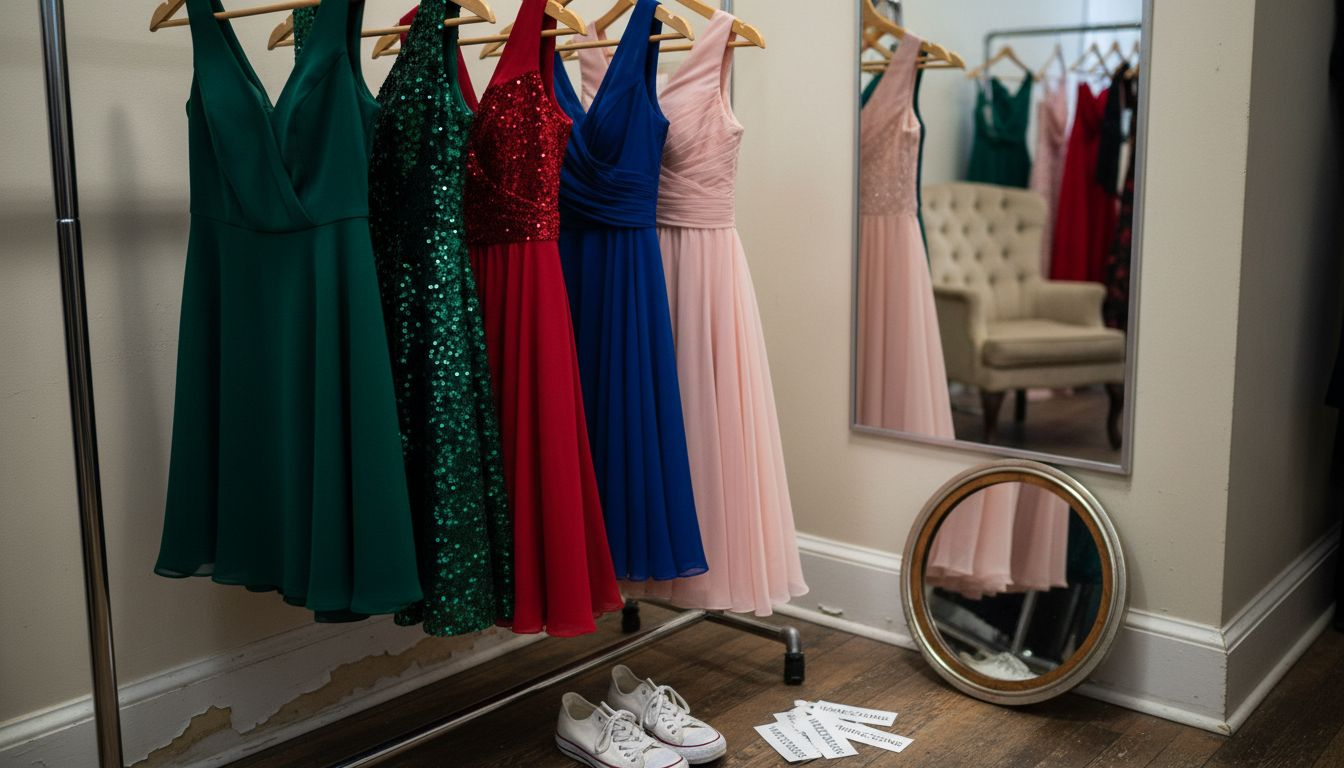 Assorted homecoming dresses hanging in fitting area