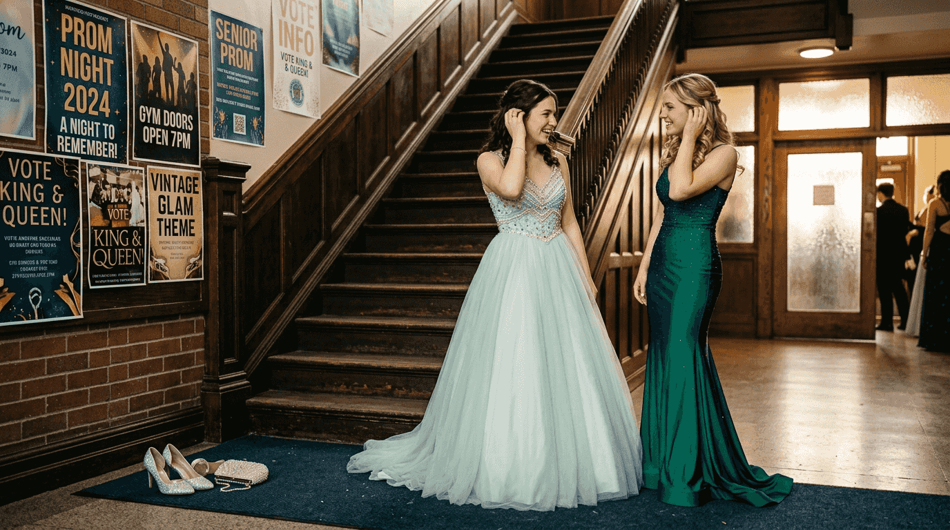 Two teens in 2015 prom gowns foyer scene