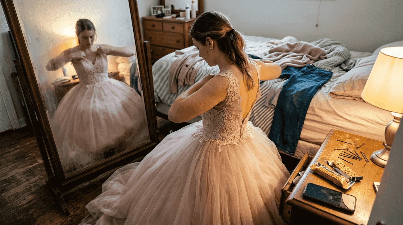 Teen girl in lace ball gown adjusting dress