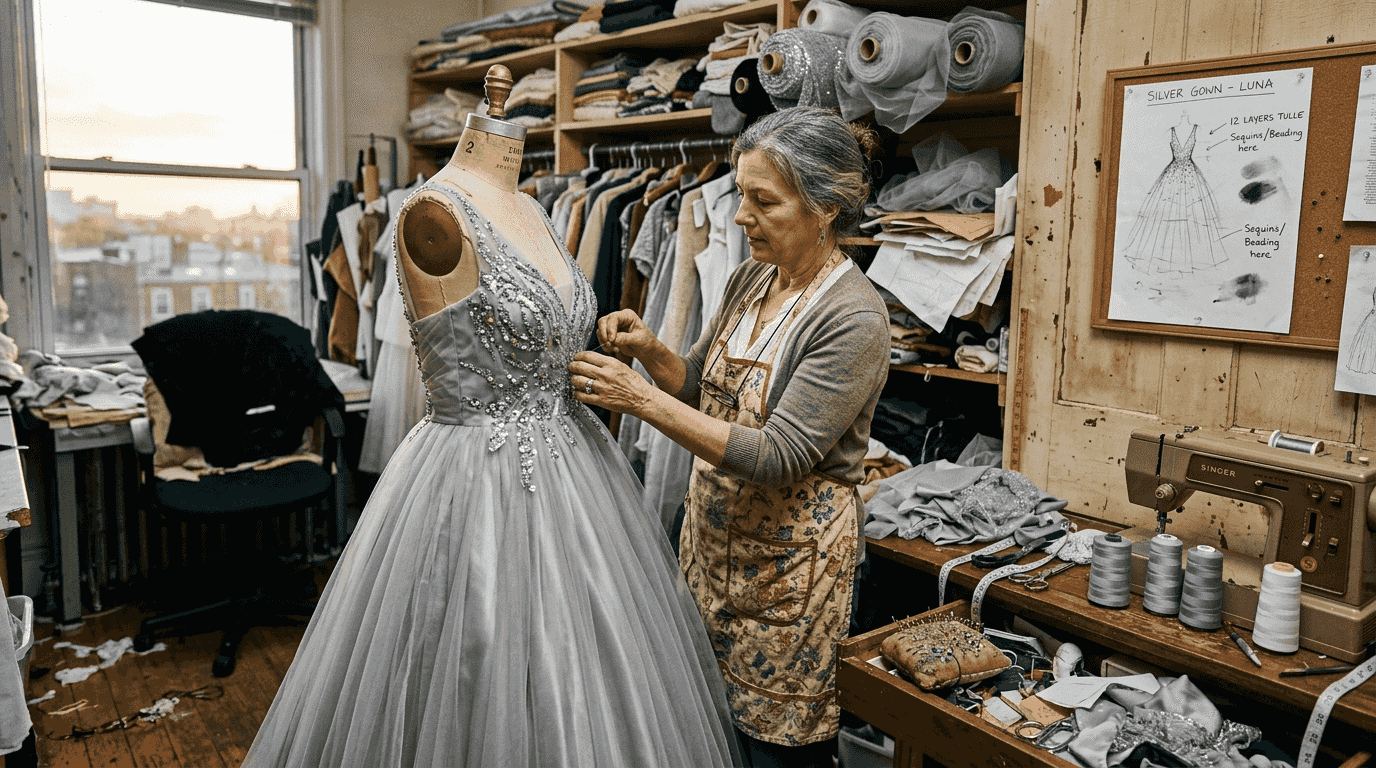 Seamstress adjusting silver ballgown dress