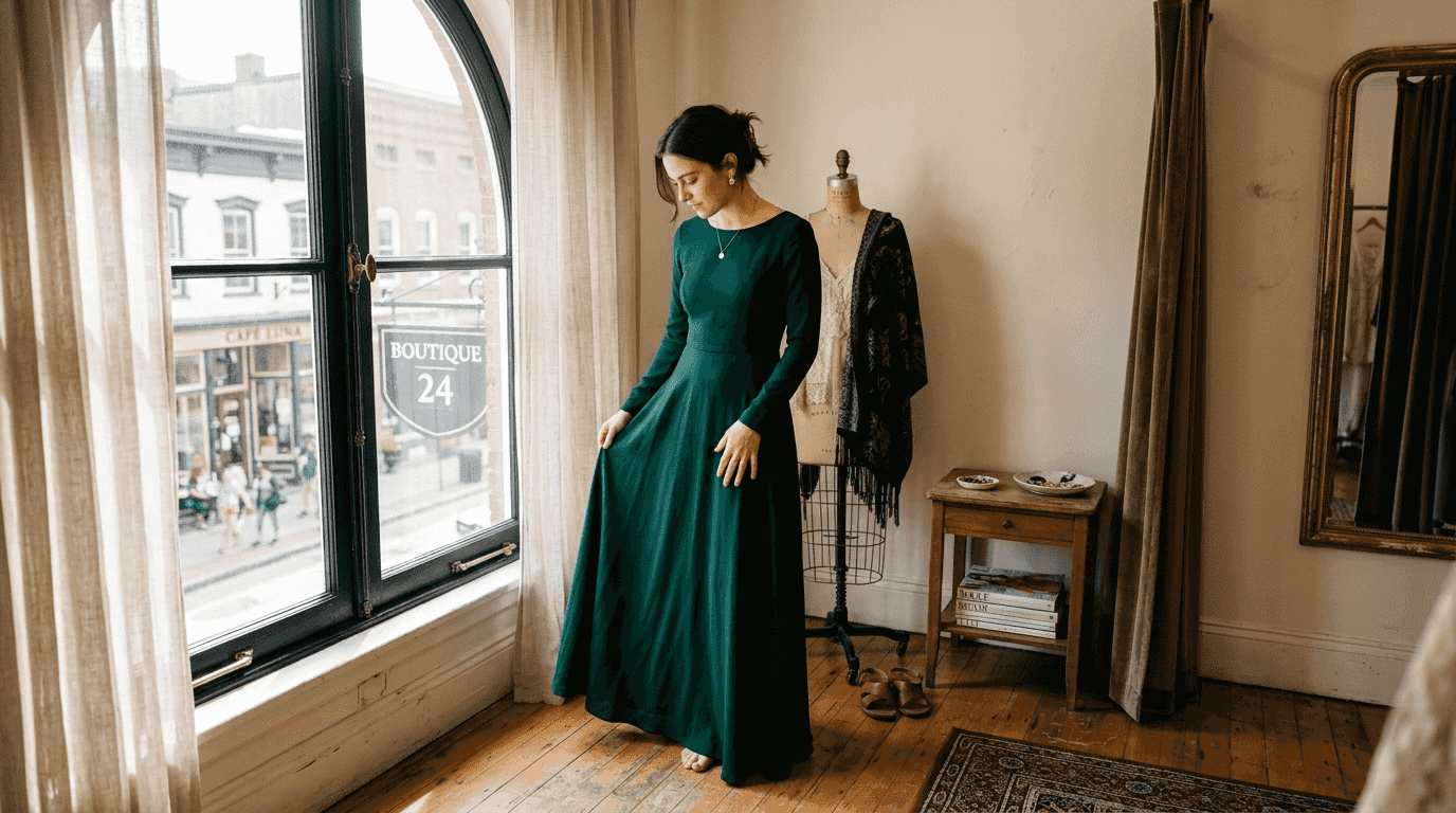 Woman in emerald A-line dress in boutique fitting room