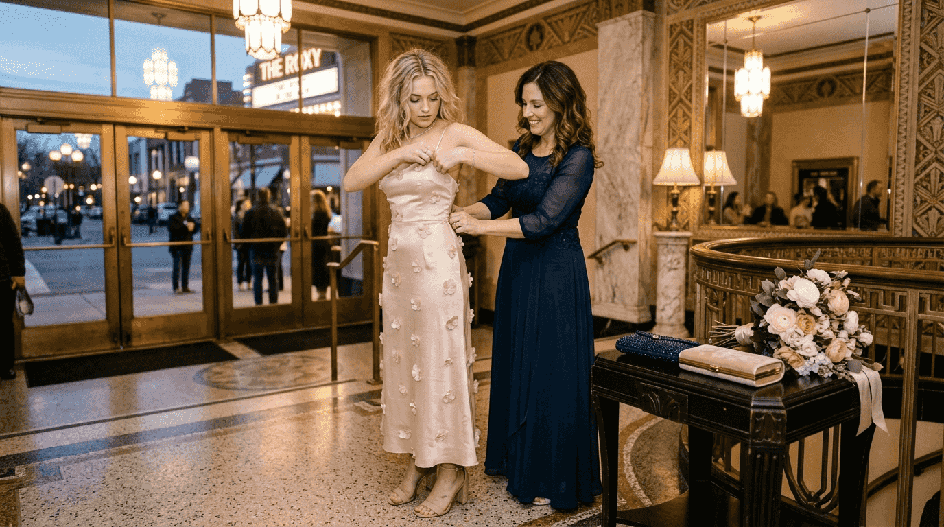 Young women adjusting formal gowns in theater lobby