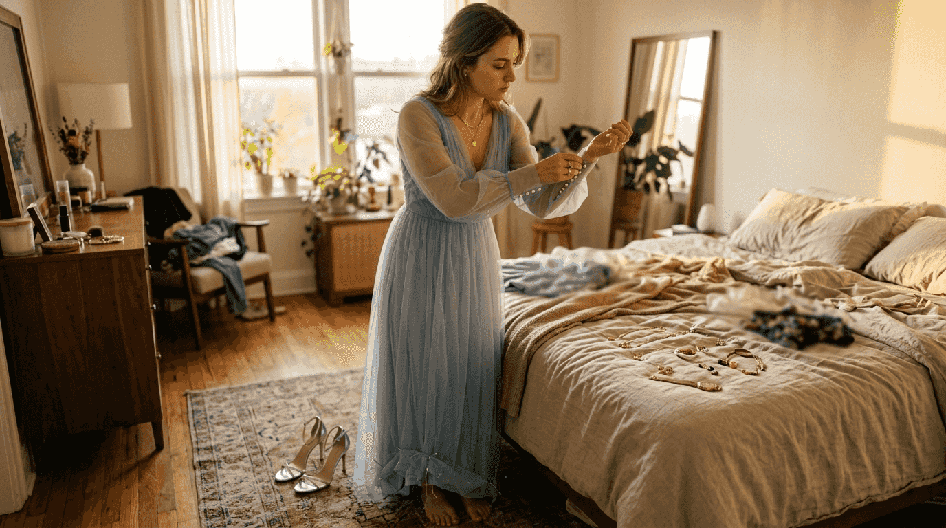 Woman fixing sheer sleeve on formal dress