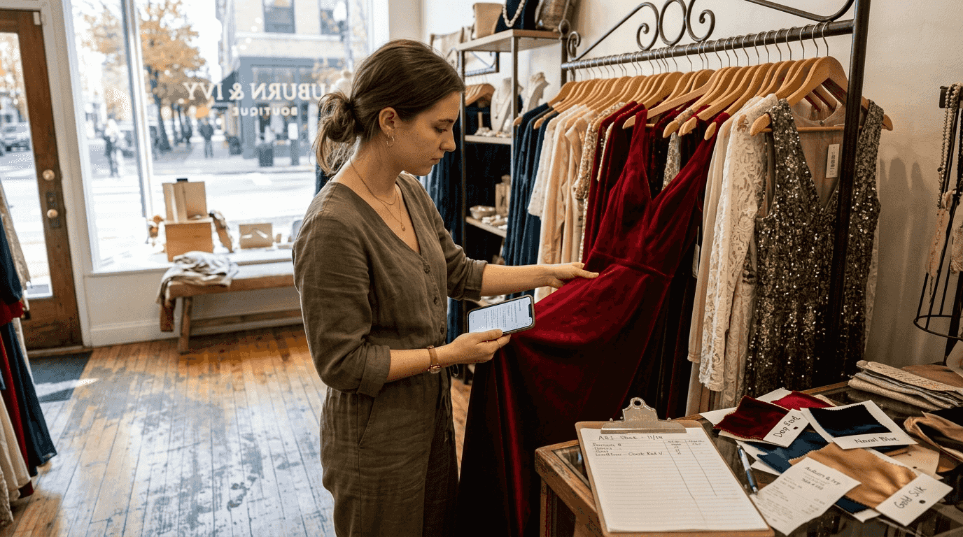 Boutique worker checking dress fabrics