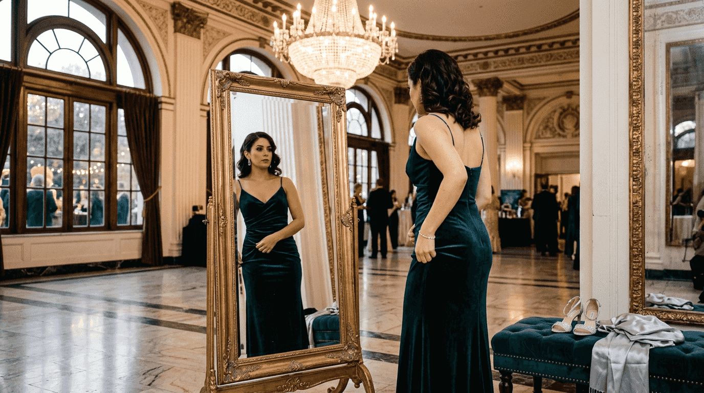 Woman adjusting elegant gala gown in hotel ballroom