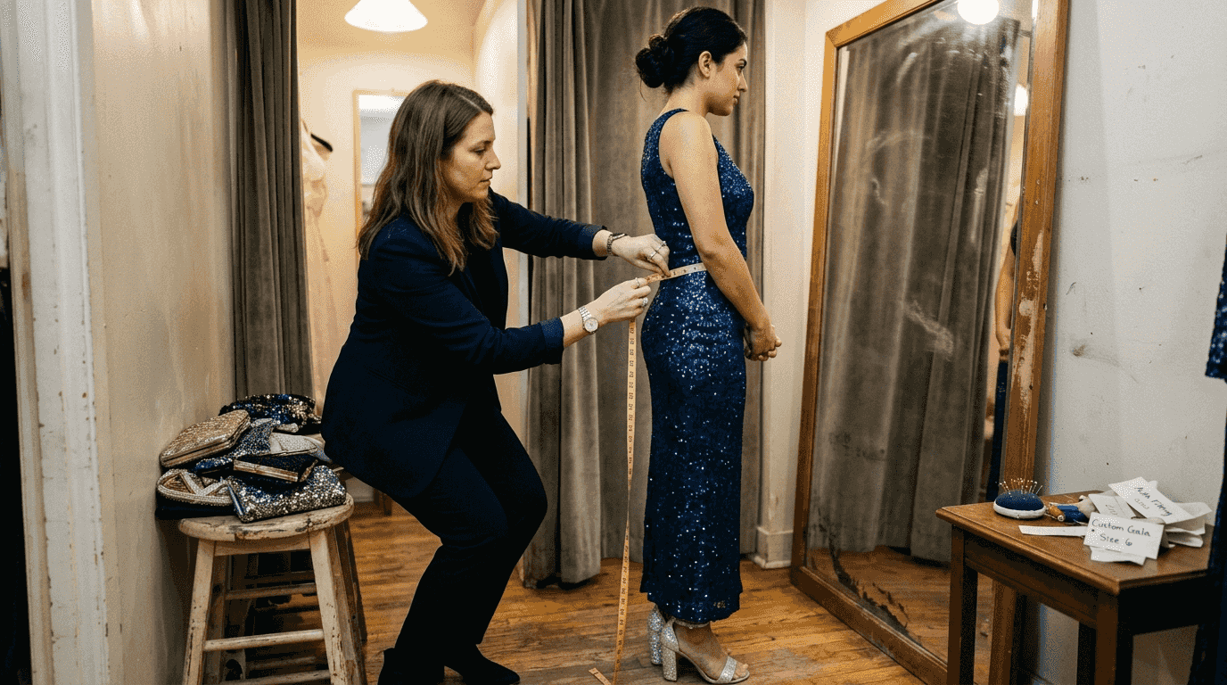 Sheath gown being tailored in boutique fitting room