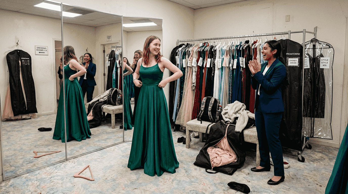 Teens trying on trendy A-line prom dresses