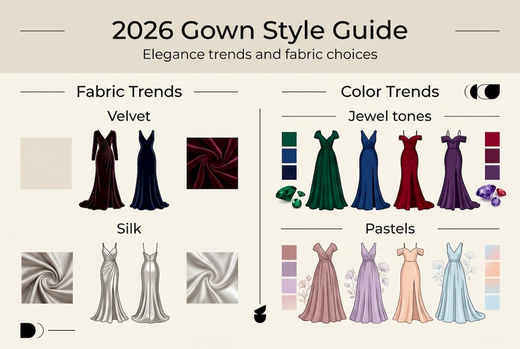 Infographic showing 2026 gown fabrics and colors