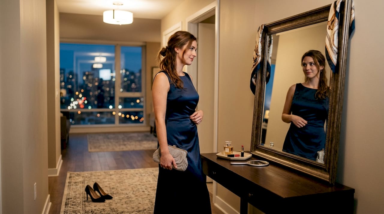 Woman preparing in elegant evening gown