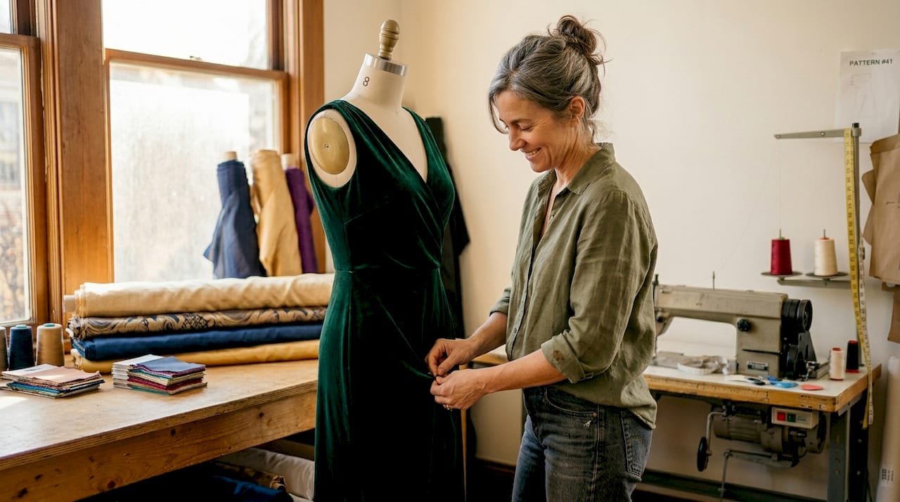 Tailor adjusting velvet evening gown fabric