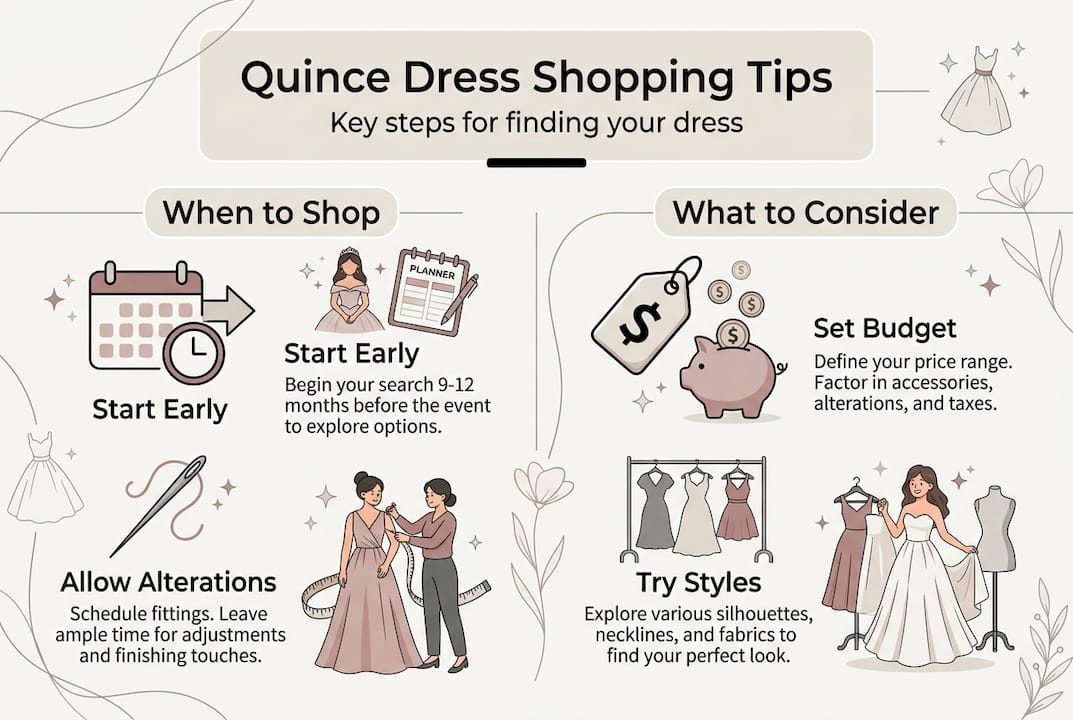 Infographic with quince dress shopping timeline and tips