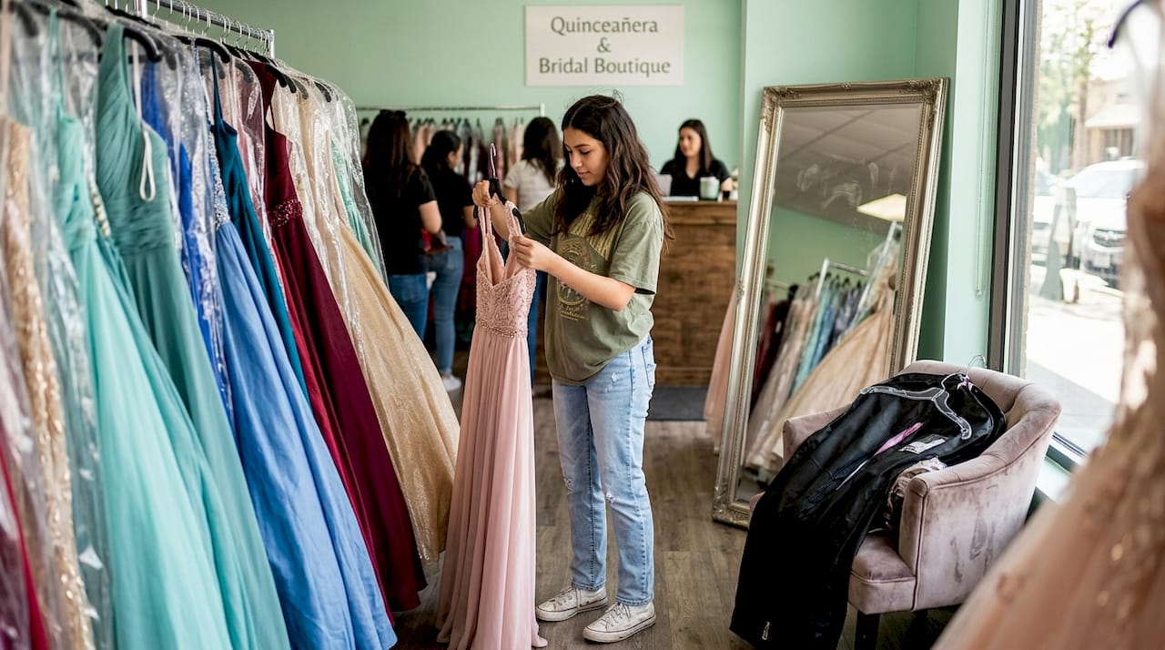 Teen girl shopping for quinceañera dress