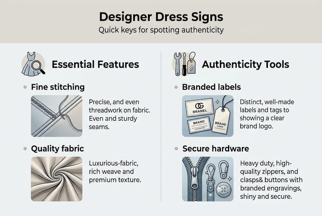Infographic shows main designer dress authenticity signs