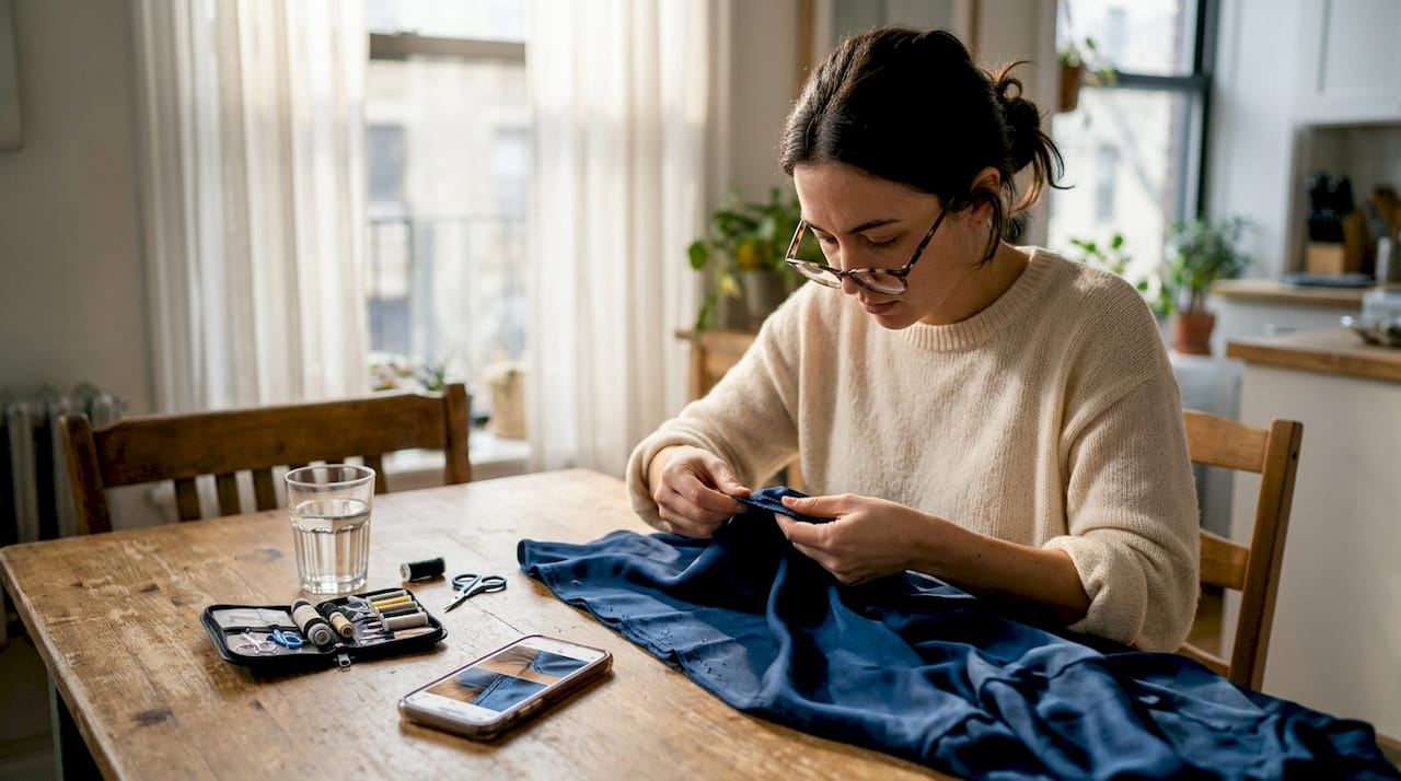 Woman examining designer dress fabric for quality