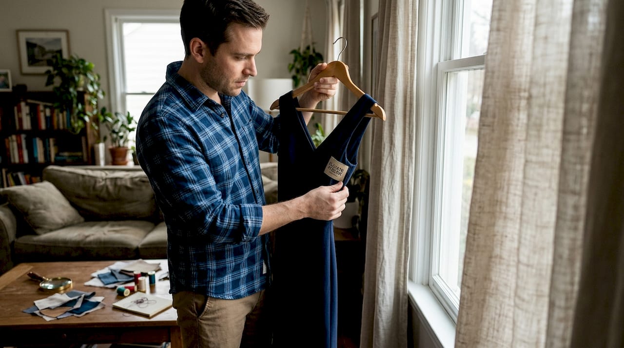 Man inspecting designer dress stitching and label