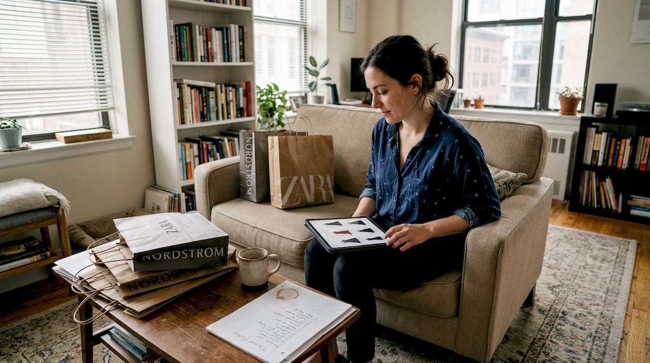 Woman shopping for formalwear at home on tablet