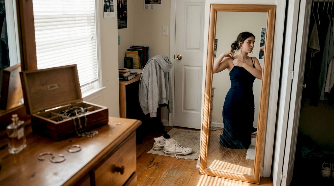 Teen adjusting formal dress in bedroom mirror