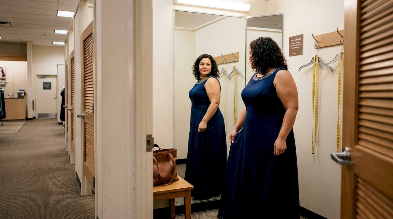 Plus-size woman checking dress fit in fitting room