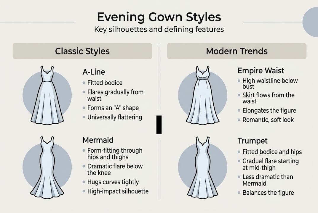 Infographic of evening gown style silhouettes