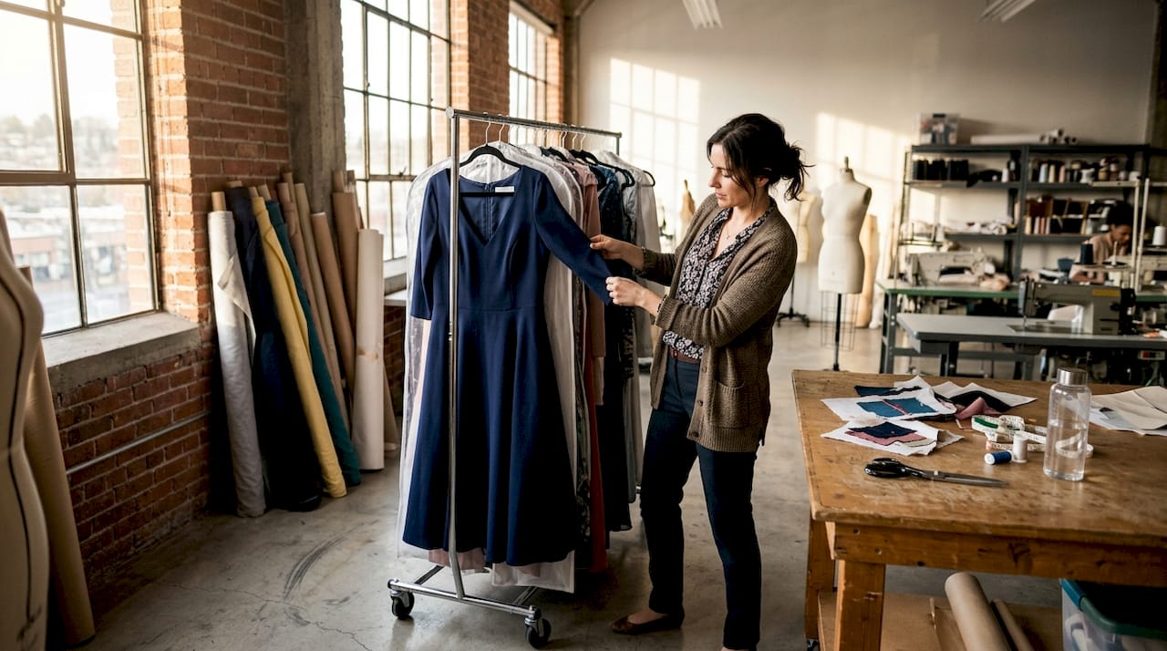 Designer arranging evening gowns in studio