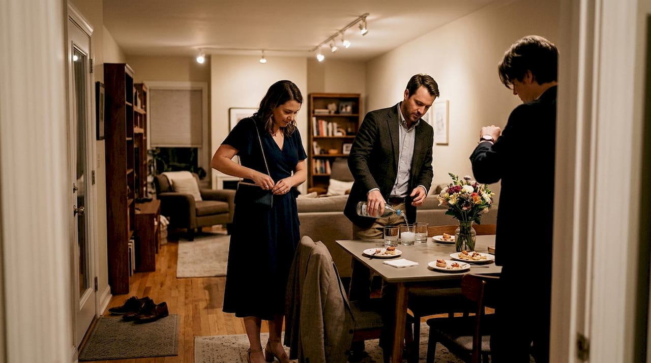 Adults mingling in semi-formal party attire