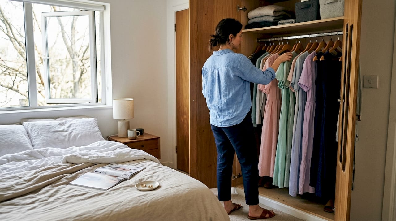 Woman choosing dress for daytime semi-formal event
