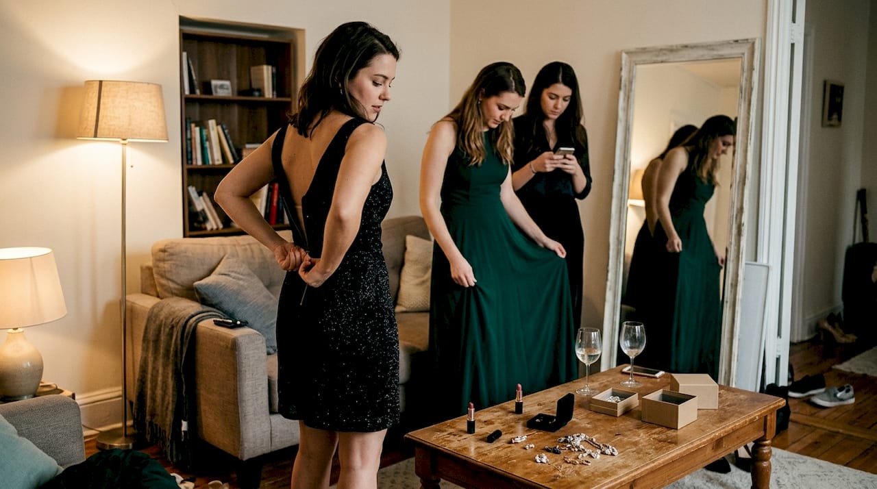 Friends getting ready in cocktail and formal dresses