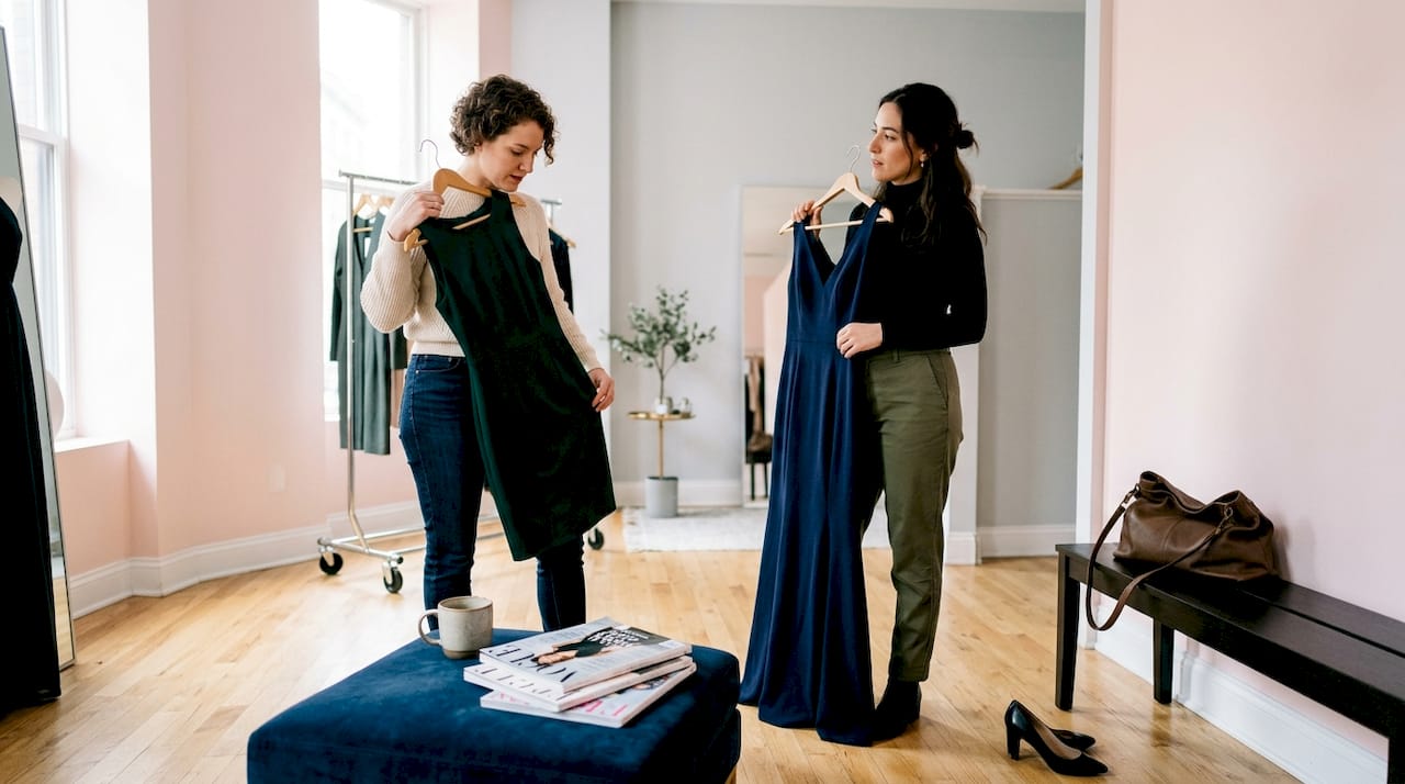 Women comparing dresses in fitting room