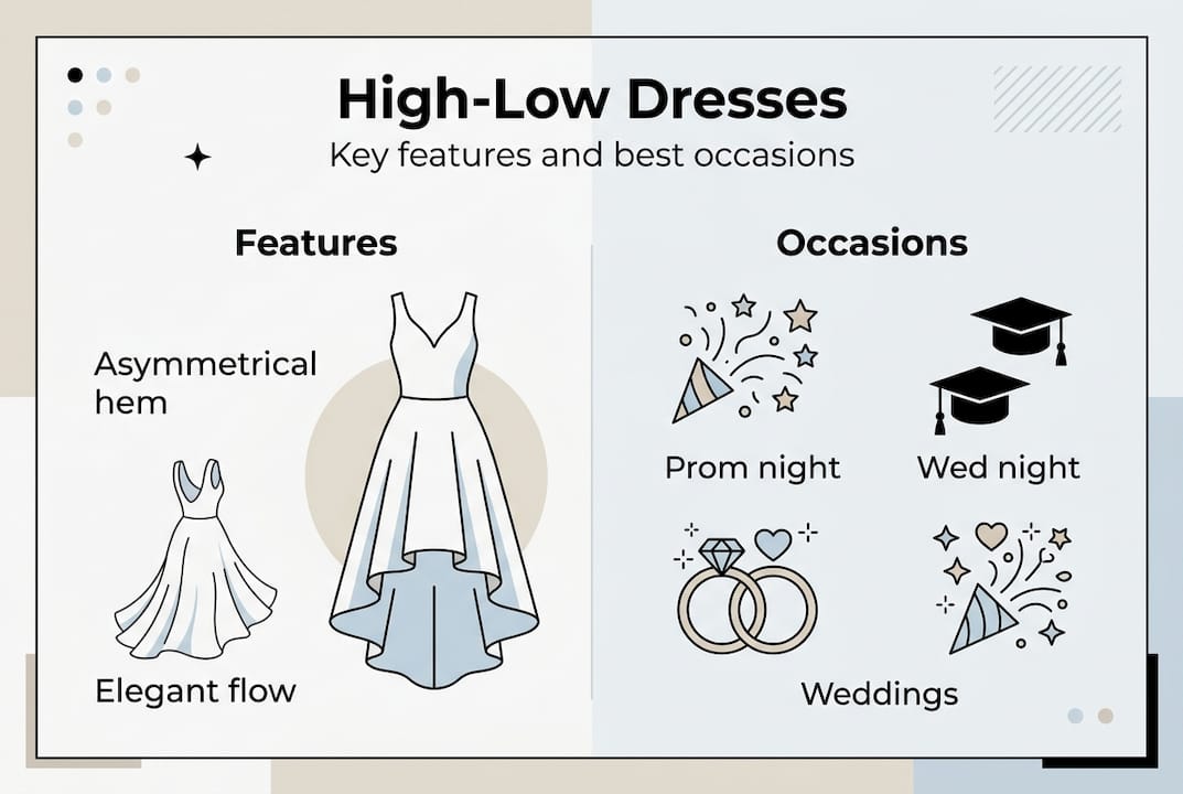Infographic of high-low dress features and occasions