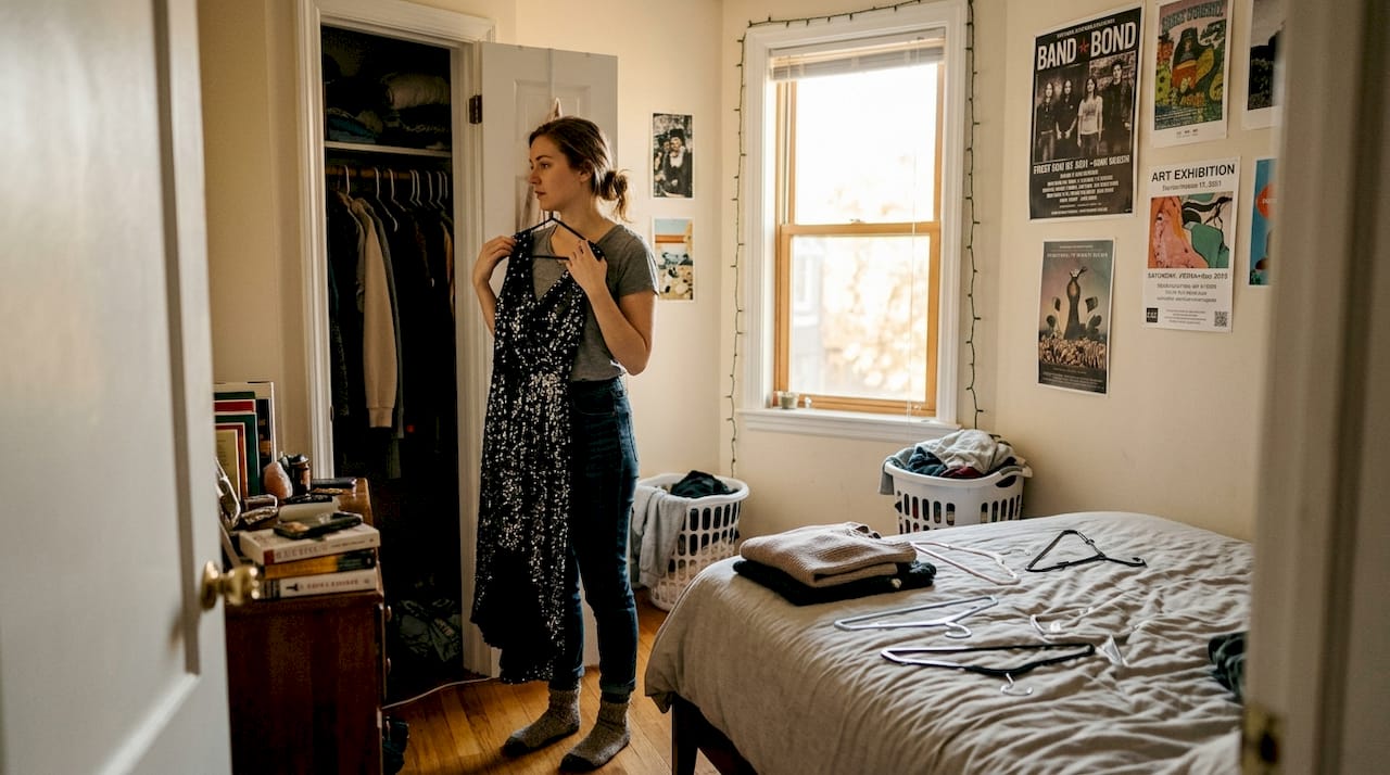 Woman picking high-low dress from closet