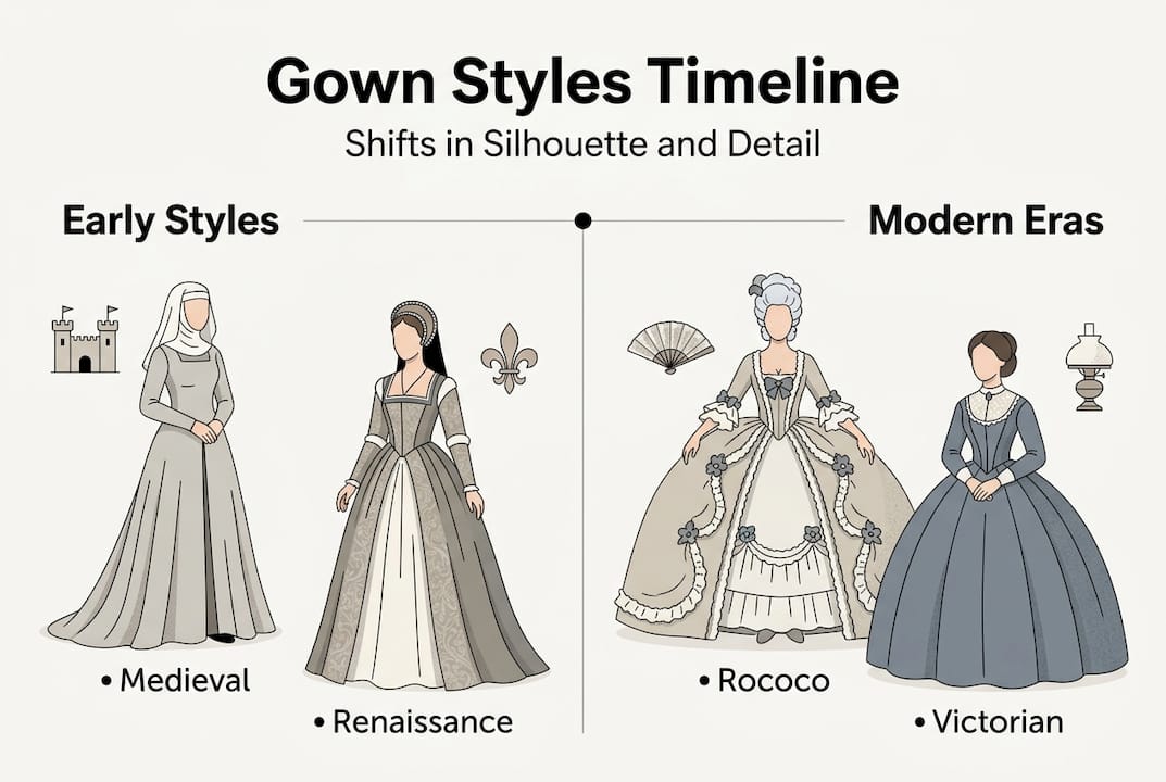 Infographic comparing gown fashion eras