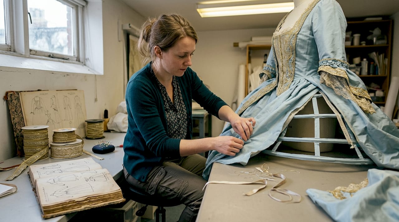 Conservator inspecting Rococo ball gown fabric