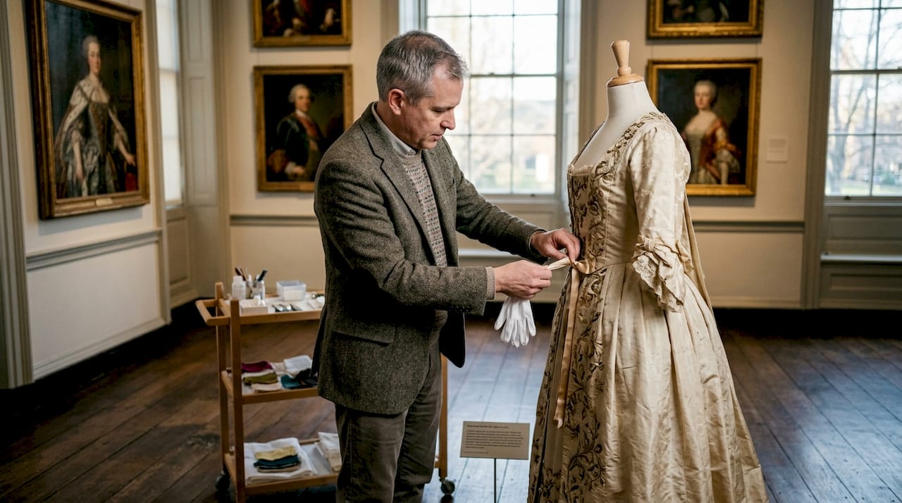 Curator working with historical gown display