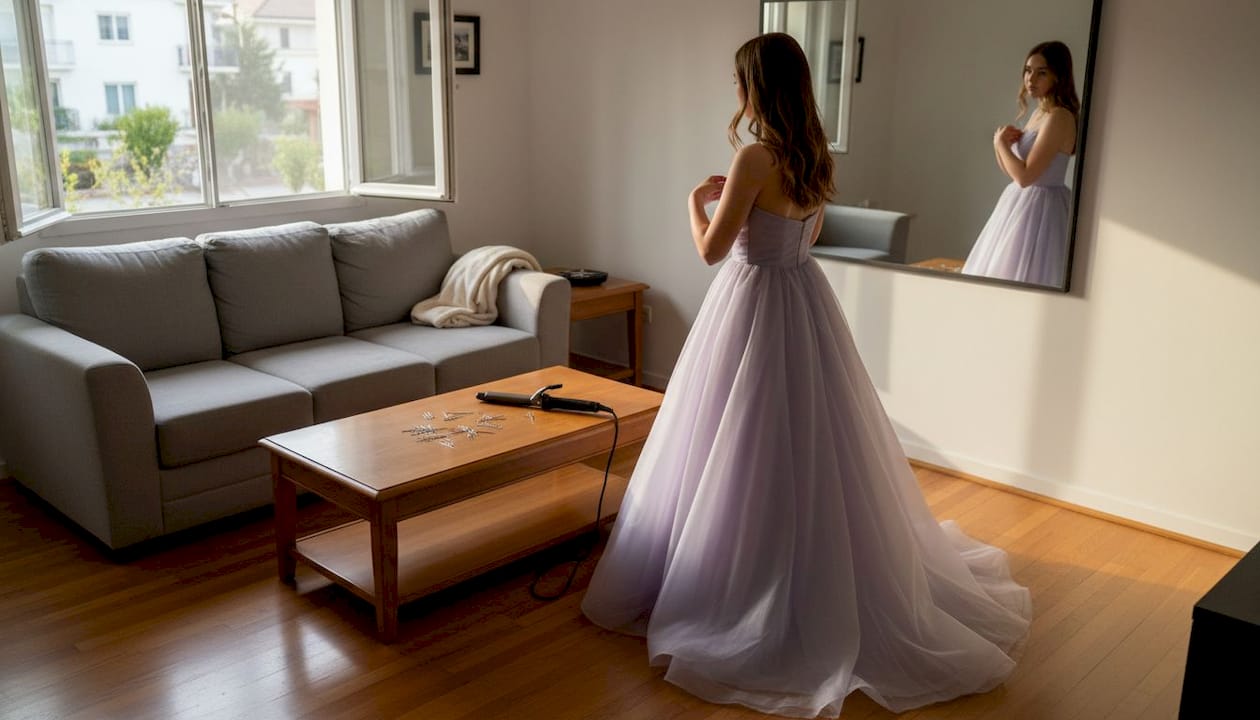 Teen adjusting ball gown in living room