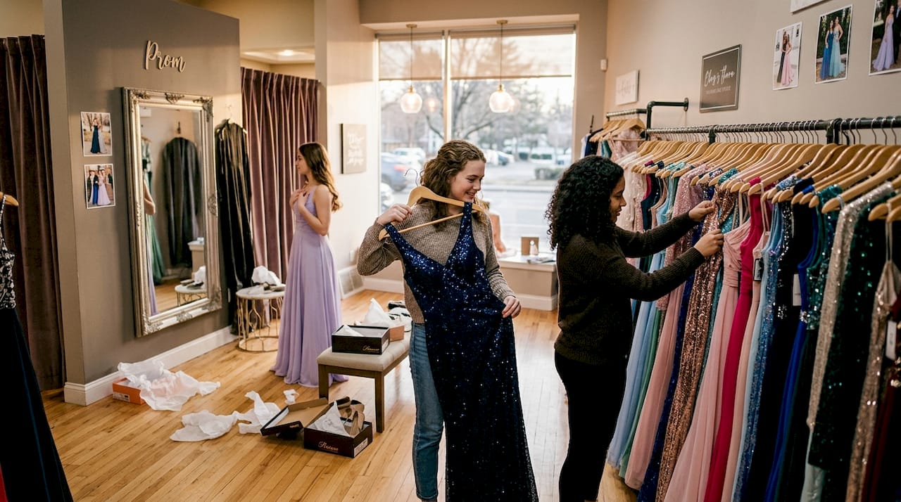 Students browsing prom dresses in boutique