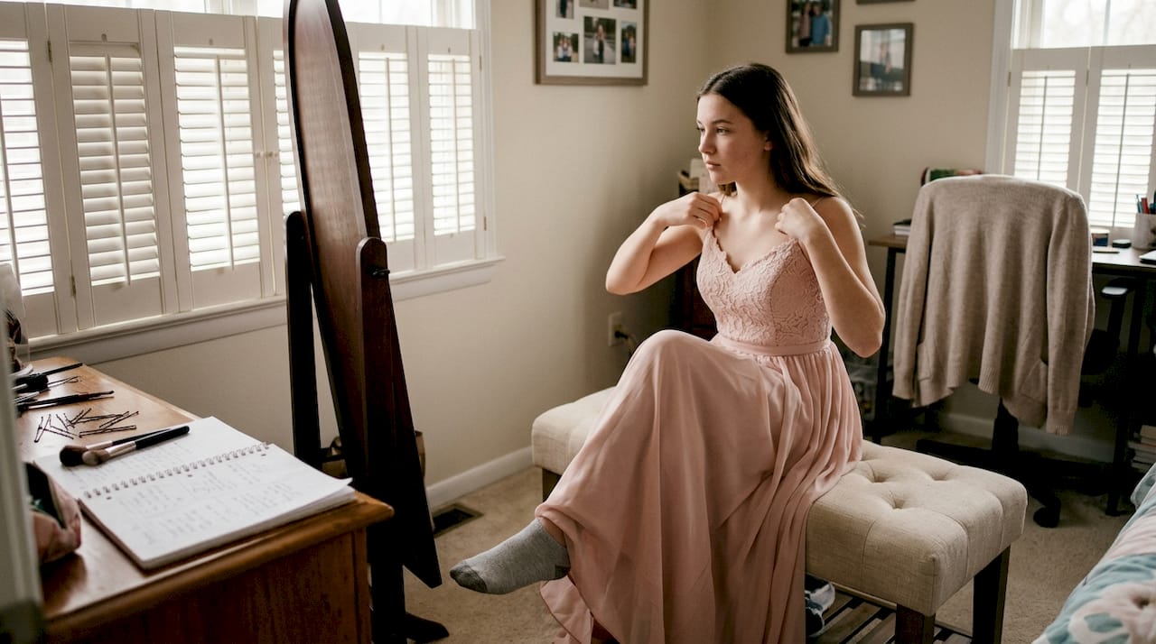 Teen fitting comfortable prom dress at home