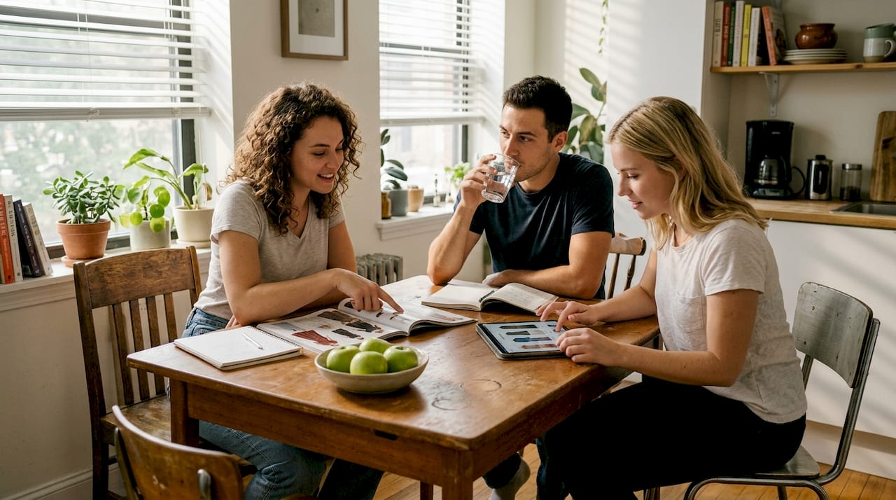 Young adults discuss formalwear choices at table